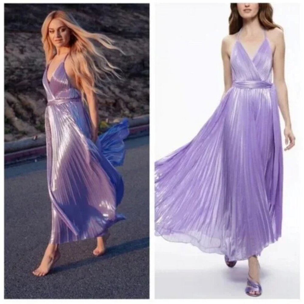 Alice And Olivia Purple Arista Halterneck Accordion Pleat Maxi Dress